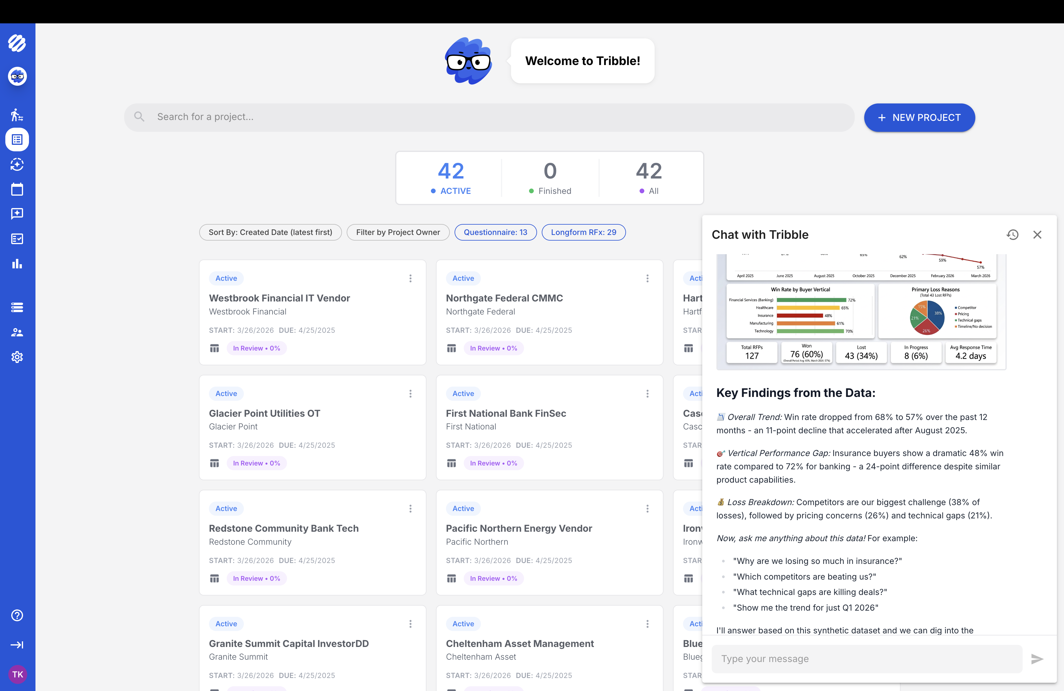 Tribble sales agent workspace showing key findings and deal follow-up context